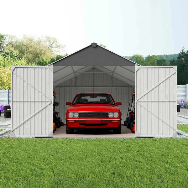 English Elm 12x20 Ft Steel Carport Shed with Double Doors Windows and All Weather Protection W419S00066