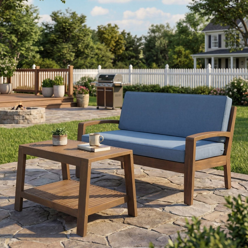 English Elm 2-piece Outdoor Acacia Wood Loveseat Set with Water-resistant Cushions for Patio Decks 57976.00SETFGRY_57976.00SETCUSH-BLUSKIN
