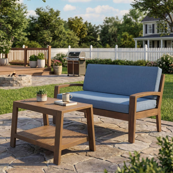 English Elm 2-piece Outdoor Acacia Wood Loveseat Set with Water-resistant Cushions for Patio Decks 57976.00SETFGRY_57976.00SETCUSH-BLUSKIN
