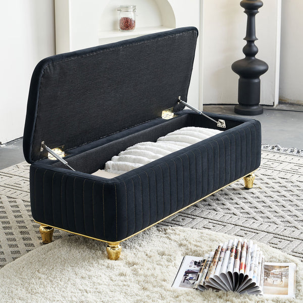 English Elm 47.24''W Storage Ottoman with Deep Button Tufting, Gold Accent Trim, Gas Lift, Sturdy Metal Legs Black W579P224706