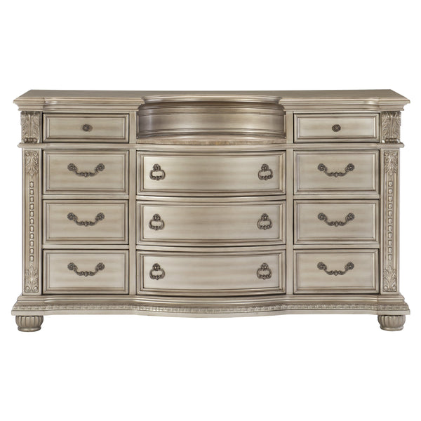 English Elm Silver Cavalier 11-Drawer Dresser with Genuine Marble Top, Silver Finish Birch Veneer, Traditional Elegance B011P264611