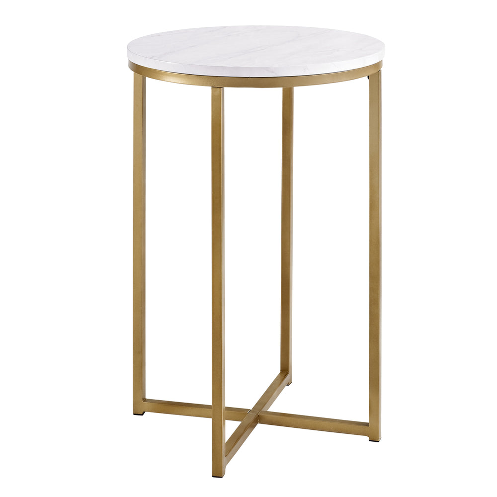 English Elm Walker Edison - Modern Glam X-Leg Round Side Table with Faux White Marble Top and Gold Metal Frame, Chic Accent B185P326693
