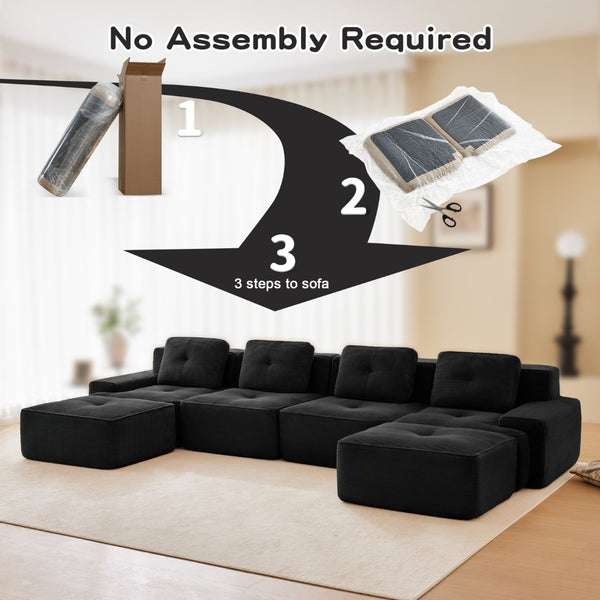 English Elm Modern Corduroy Sectional Sofa Deep Seat V Shape Tufted Couch with Movable Ottoman Black W714S01585