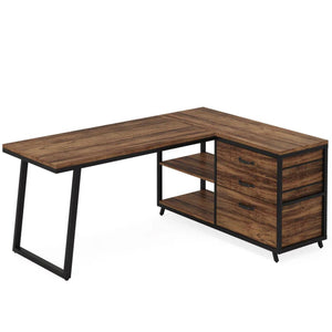 English Elm Working L-shaped Corner Desk with File Drawer Open Shelves and Veneer Surface T3971P450891