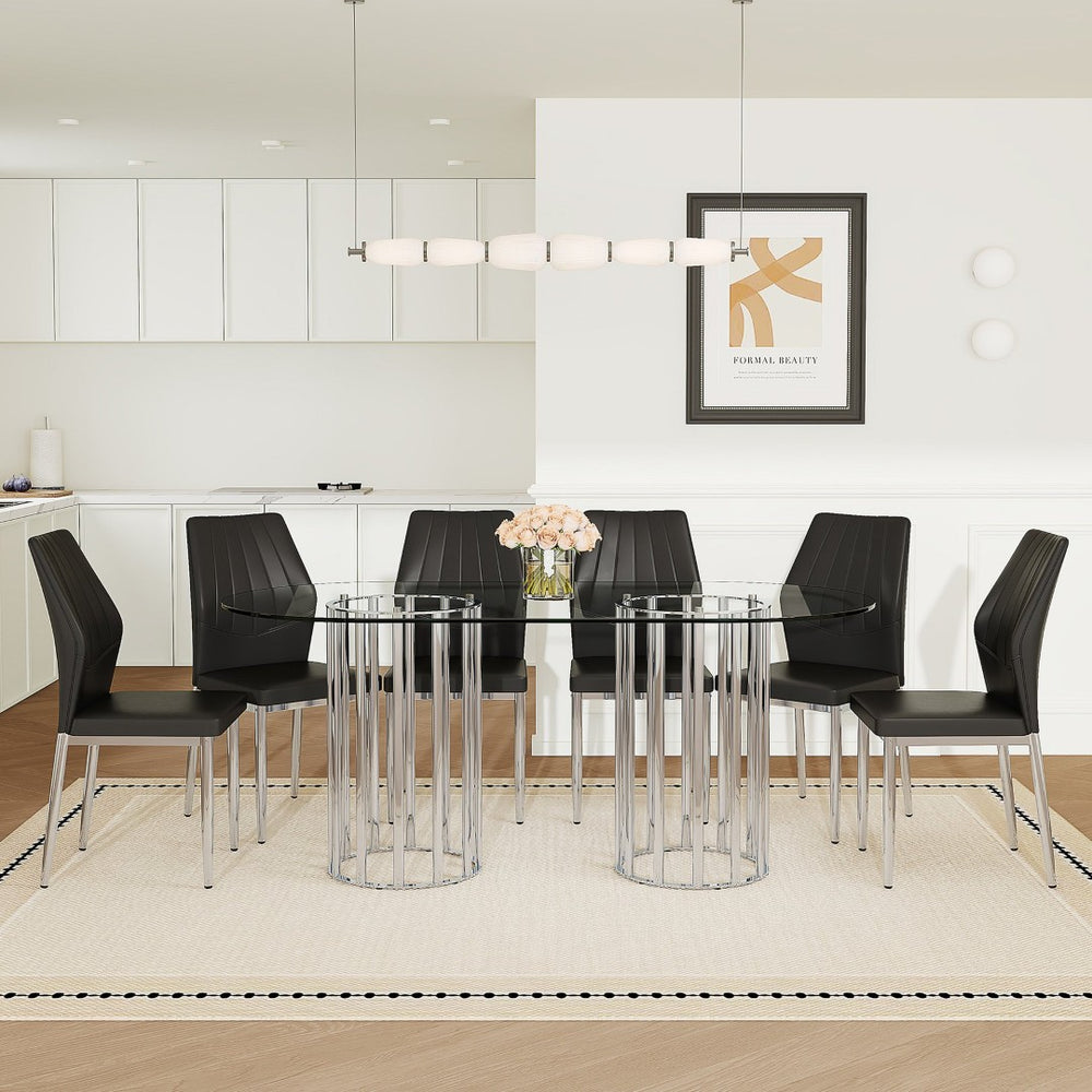 English Elm Table and Chair Set Oval Tempered Glass Top Six Seat Contemporary Dining Black,Silver,Transparent W1151S04740