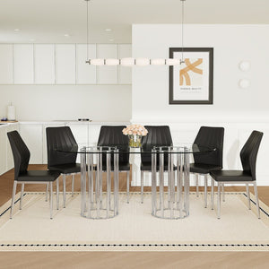 English Elm Table and Chair Set Oval Tempered Glass Top Six Seat Contemporary Dining Black,Silver,Transparent W1151S04740