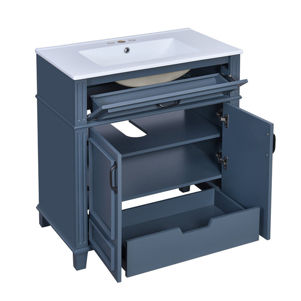 English Elm 30'' Retro Bathroom Vanity with Ceramic Sink, Solid Wood Frame, Soft-Close Doors & Ample Storage (Blue) N710P252113C