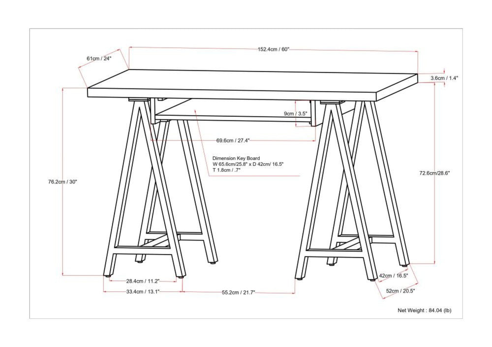 English Elm Sawhorse - Handcrafted Walnut Veneer Desk With Metal Supports For Home Office, Gaming & More B136P159593-GIGA