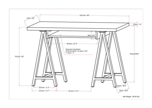 English Elm Sawhorse - Handcrafted Walnut Veneer Desk With Metal Supports For Home Office, Gaming & More B136P159593-GIGA