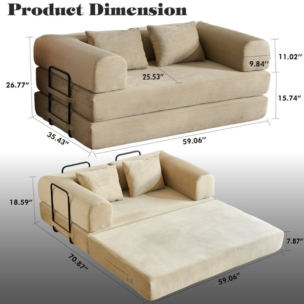 English Elm 59'' Corduroy Convertible Floor Sofa Sleeper with Bolster Pillow for Small Spaces Beige W3434P406618