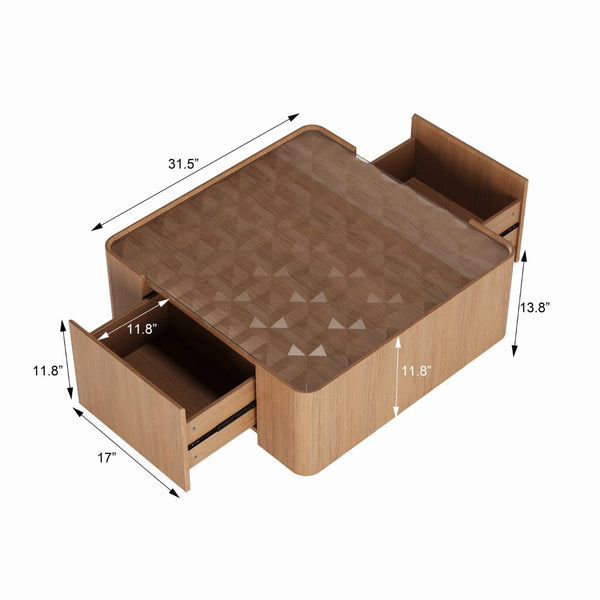 English Elm 31.5-inch Square Walnut Coffee Table Tempered Glass Top with Hidden Storage Drawers W2263P458486