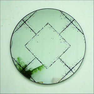 English Elm Round Iron Framed Wall Mirror with Weathered Etched Detail for Living Room or Foyer W3935P406810