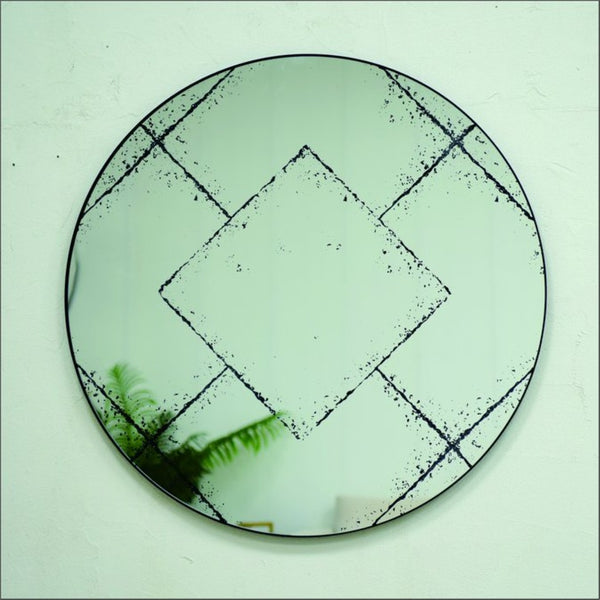 English Elm Round Iron Framed Wall Mirror with Weathered Etched Detail for Living Room or Foyer W3935P406810