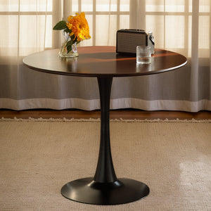 English Elm Walnut Modern Round Dining Table with MDF Top and Steel Tulip Base — Sturdy, Easy-Clean Design W2641P300056