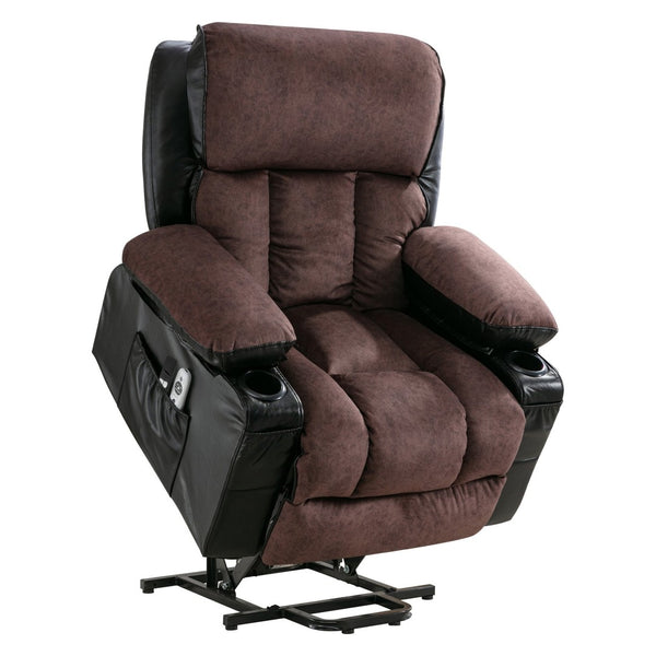 English Elm Power Lift Recliner Chair with Massage Heating Fleece Leather and Usb for Elderly Black+Brown W1807P299421