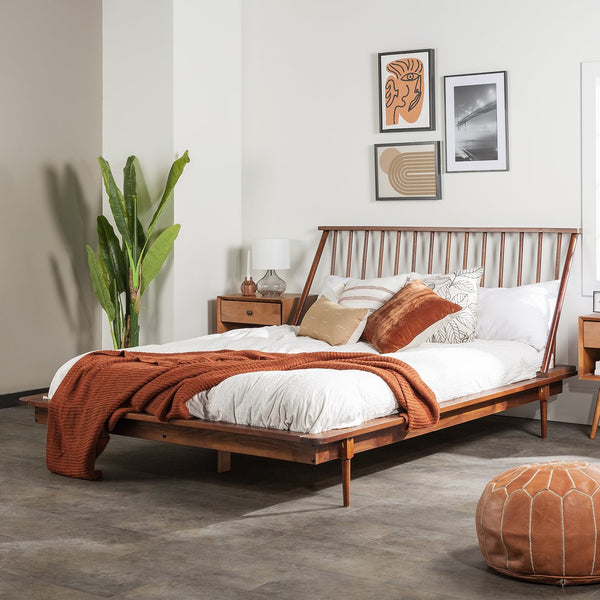 English Elm Walker Edison - Mid-Century Solid Pine Queen Platform Bed with Spindle Headboard, Tapered Legs & No Box Spring Needed Walnut 94 L x 16 W x 6 H B185P169401