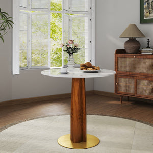 English Elm Modern Sintered Stone Round Dining Table Gold Base Wooden Leg Compact Two Seat W1535S00608