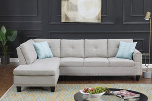 English Elm 2-Piece Alger 98" Wide Left-Hand Sofa & Chaise in Linen Blend with Tufted Backs, Nailhead Trim, Supportive Foam Cushions and Accent Pillows Light Gray B102S00092