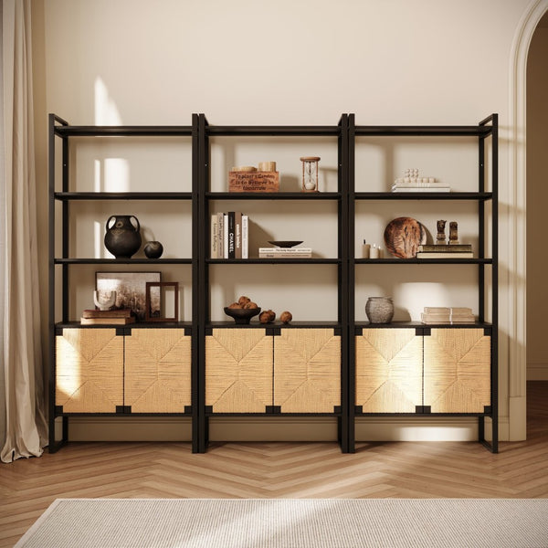 English Elm Natural Rattan Bookshelf with Matte Black Frame Open Display and Closed Storage Cabinet W2263P395493