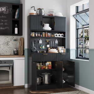 English Elm Pantry Hutch with Fluted Mdf Panels Charging Station Pegboard and Open Shelving T3773P416035
