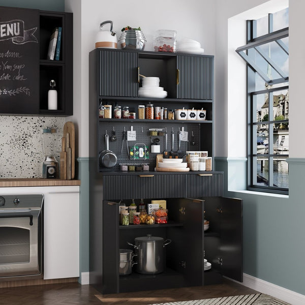 English Elm Pantry Hutch with Fluted Mdf Panels Charging Station Pegboard and Open Shelving T3773P416035