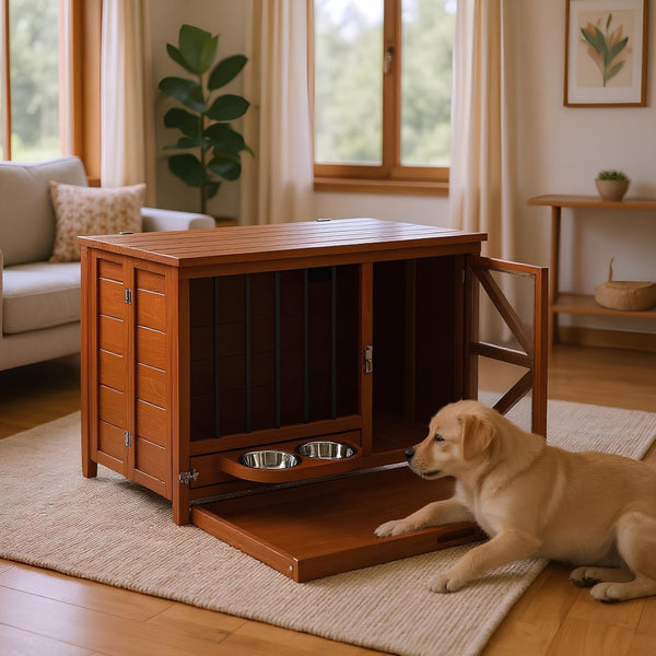 English Elm 33" Pine Wood Pet Crate End Table with Walnut Finish Swivel Feeder and Foldable Frame N843P322021W