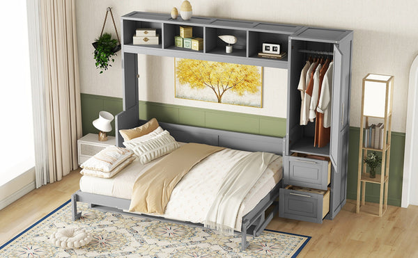 English Elm Queen Murphy Wall Bed with Integrated Wardrobe and Drawers for Studio or Guest Room Gray LP000793AAE-2