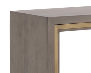 Sunpan Hilbert Console Table - Modern Grey Acacia Wood with Brass Trim, Stylish Linear Design for Any Space