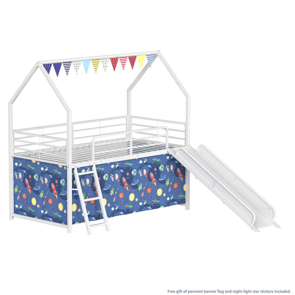 English Elm Jack Metal Junior Twin Loft Bed With Slide, Curtain Set, Pennant Banner & Star Stickers - White/Blue B083P354664