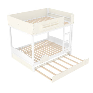 English Elm Full Bunk Bed with Trundle Bookshelf Storage Pine Frame Car Design for Kids Beige+White W1580S00444