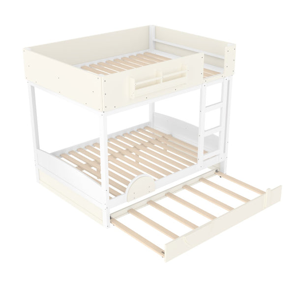English Elm Full Bunk Bed with Trundle Bookshelf Storage Pine Frame Car Design for Kids Beige+White W1580S00444