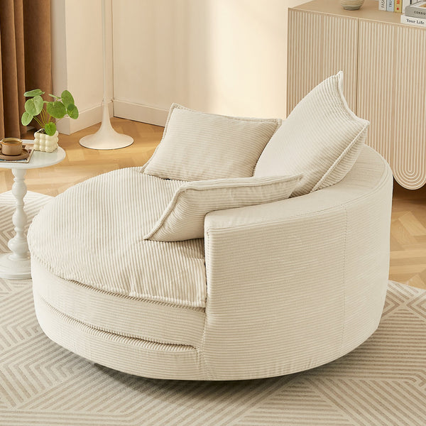 English Elm 360° Oversized Swivel Lounge Chair with 38" Deep Seat Dual-Layer Cushion Corduroy Accent Pillows Beige N719S002100A
