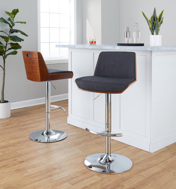 English Elm Adjustable Swivel Barstools Mid Century Walnut Chrome Charcoal Fabric Set of 2 B202S02173