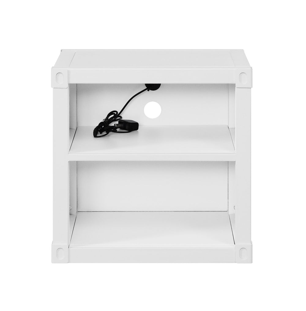 English Elm Cargo White Finish Nightstand with USB Ports, Industrial Metal Cargo Design, 2 Open Shelves, Sturdy Stable Base B2726P263369