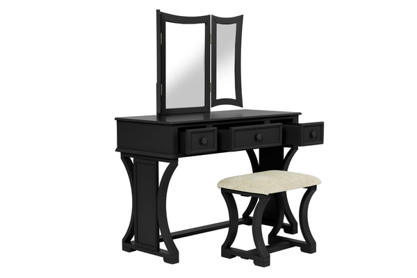 English Elm Unique Modern Pine Wood Vanity Set with 3-Panel Foldable Mirror, Cushioned Stool, Drawers — Rustic Chic B011P354536