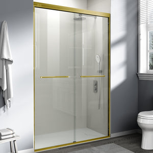 English Elm 44" Semi-frameless Double Sliding Shower Door Brushed Gold Tempered Glass Walk-in W1920P388013