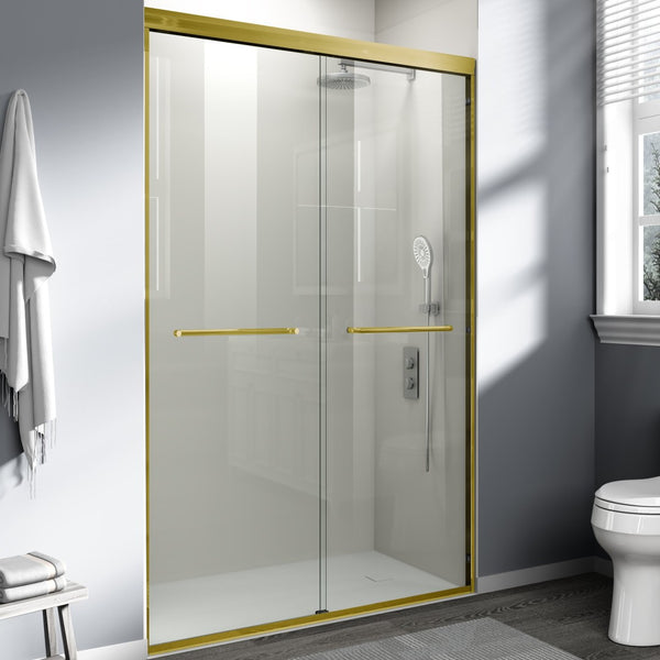English Elm 44" Semi-frameless Double Sliding Shower Door Brushed Gold Tempered Glass Walk-in W1920P388013