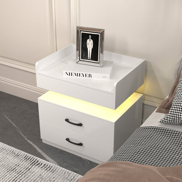 English Elm 1 Nightstand with Remote LED Strip Light, Two Drawers and Spacious Storage for Cozy Ambient Bedrooms White W368P239008