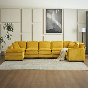 English Elm Modern U Shaped 6-Seat Sectional Sofa with Ottoman and 3 Toss Pillows, Corduroy Modular Comfort and Durable Frame Yellow W2363S00040
