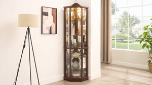 English Elm Glass Corner Curio Cabinet Lighted Dark Wood Display with Carved Crown Floral Detail Cherry W2275P292645
