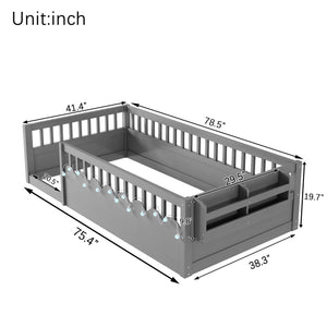 English Elm Twin Montessori Floor Bed Frame with High Rails and Built-In Light Shelf for Safe Independent Sleep Grey 79.13 L x 13 W x 6.3 H W2593P333797