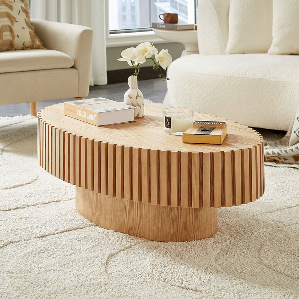 English Elm Modern Drum Coffee Table 47.6" Oval Ellipse Design with Sturdy Pedestal Base for Stylish Living Natural Ash W2582P251207