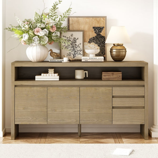English Elm U_Style 60" Modern Sideboard - Stylish 3-Door Storage Cabinet With Drawers & Cable Management Solution N711P289141O-GIGA