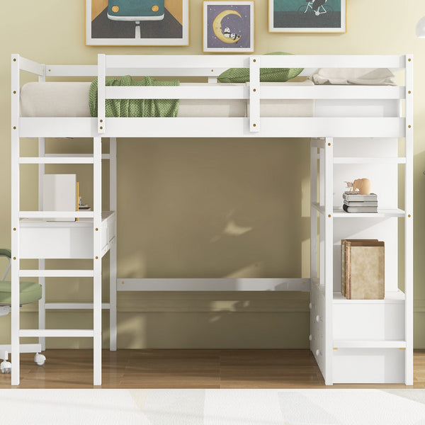 English Elm Full Loft Bed with Built-in Desk, 4 Drawers, 6 Shelves, Pine/MDF White — Space-Saving Study Loft SM000320AAK