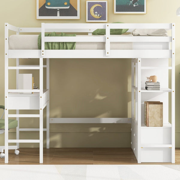 English Elm Full Size Loft Bed Pine Wood Frame with Desk Four Drawers and Shelves in White SM000320AAK-1