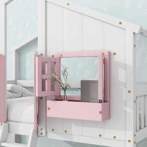 English Elm Twin House Bunk Bed with Roof, Window Box, Door, Guardrails & Ladder—Sturdy Pine Playful Design for Kids Pink+White W504S00151