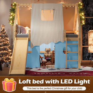 English Elm Full Size Pine Loft Bed with Slide Tent Panels Led Lights and Play Space Below W1580S00292