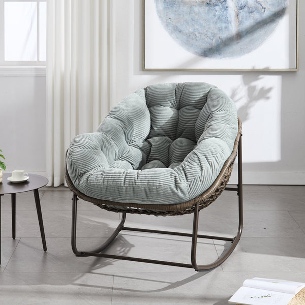 English Elm Outdoor Rattan Oversized Rocking Egg Chair with Padded Velvet Cushion, Sturdy Steel Frame, Light Green W640P271523