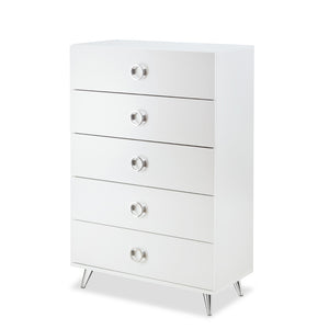 English Elm Elms White Finish Chest with 5 Smooth-Glide Drawers, Silver Ring Pulls & Modern Tapered Legs B2726P255308