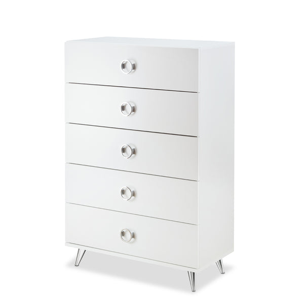 English Elm Elms White Finish Chest with 5 Smooth-Glide Drawers, Silver Ring Pulls & Modern Tapered Legs B2726P255308